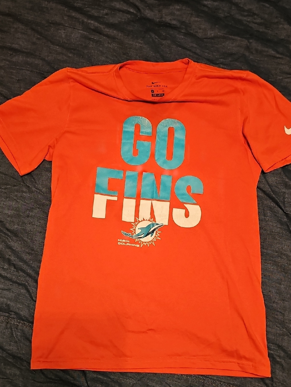 Nike Orange Miami Dolphins "GO FINS" Graphic Tee Men's Sz Small